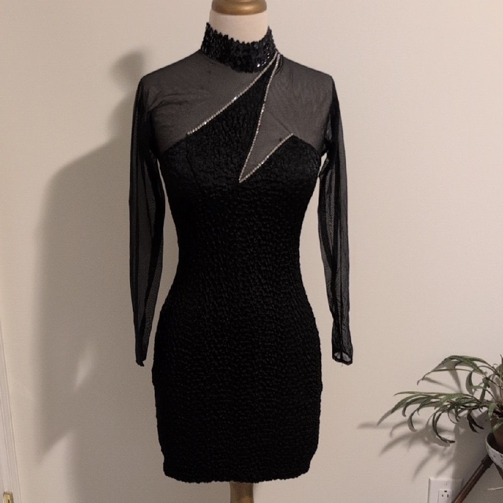 Vintage Black Asymmetrical Mock Neck Cocktail Dress